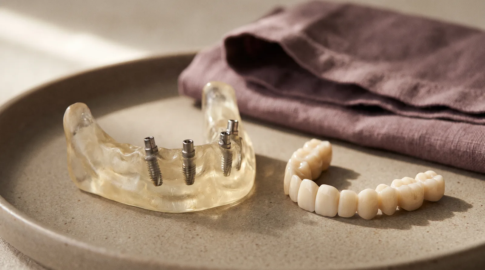 Model of a lower jaw carrying four implants, with a full-arch bridge beside it