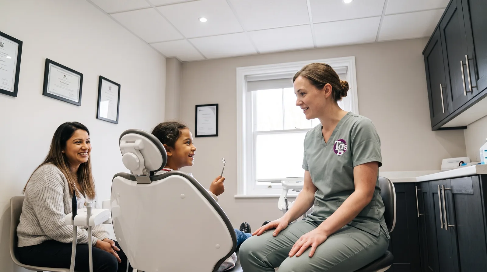 Dentist crouching to a young child's eye level during a friendly first dental check-up