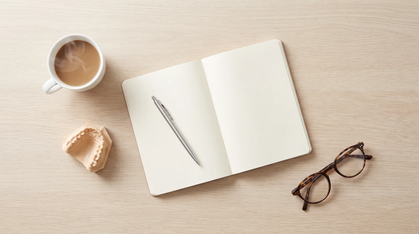 Notebook and dental model laid out while planning the cost of dental implants