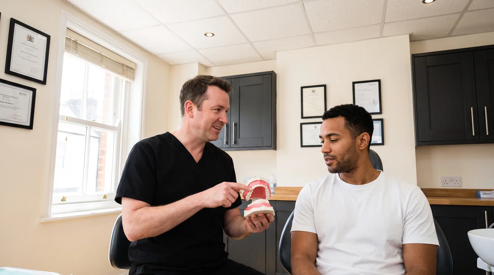 Dentist showing a patient a gum health model during a periodontal appointment