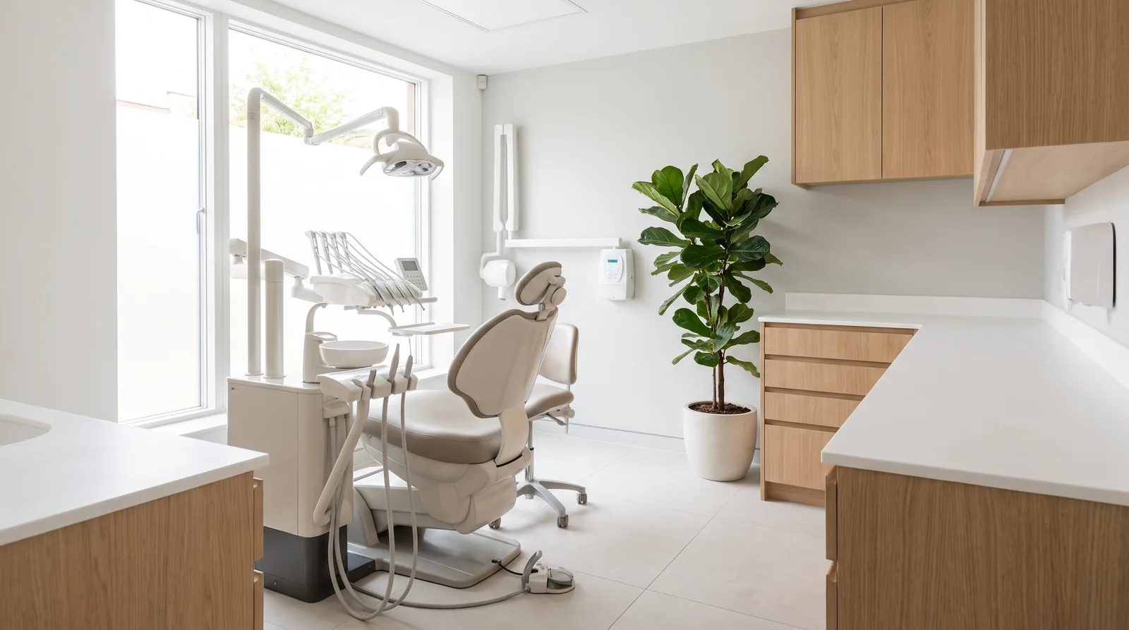 Bright, modern dental treatment room photographed without patients