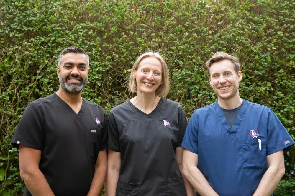 Three TG's Dental Suite clinicians in branded scrubs, smiling together outdoors